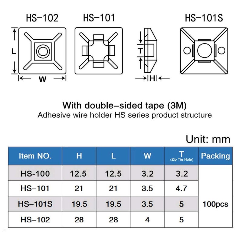 XHF 200 PCS 1/2" Black Self Adhesive Cable Zip Tie Mounts Wire Cable Clips Holders Management Anchors Organizer Holders Squares(HS-100) - Image 2